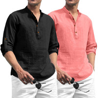 Zombom Combo Of Mens Solid Cotton Blend Full Sleeve Straight Kurta Shirt (Pack Of 2) Black-Peach