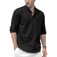 Zombom Mens Solid Cotton Blend Straight Kurta Shirt, Regular Fit Full Sleeve Short Kurta Shirt Black