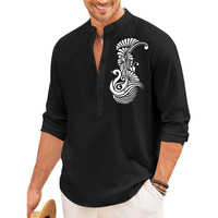 Finivo Fashion Mens Printed Cotton Blend Short Kurta With Artistic Chest Design | Stylish Full Sleeve Casual Kurta With Mandarin Collar For Daily, Travel Soft Textured Black