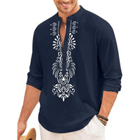Finivo Fashion Mens Cotton Blend Short Kurta With Bold Printed Front Design | Full Sleeve Ethnic Casual Kurta With Mandarin Collar | Artistic Festival & Travel Wear For Modern Ethnic Style Navy