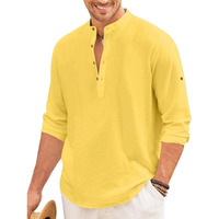 Finivo Fashion Mens Solid Cotton Blend Short Kurta With Mandarin Collar | Casual Ethnic Full Sleeve Kurta For Daily, Festive, And Vacation Wear | Stylish Indo-Western Topwear For Men Yellow