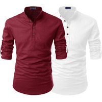 Zombom Combo Mens Cotton Blend Solid Straight Full Sleeve Regular Fit Mandarin/Chinese Collor Kurta Shirt (Pack Of 2)