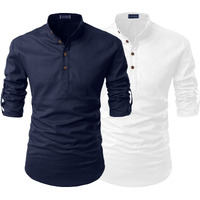 Zombom Combo Mens Cotton Blend Solid Straight Full Sleeve Regular Fit Mandarin/Chinese Collor Kurta Shirt (Pack Of 2)