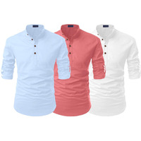 Zombom Mens Combo Cotton Blend Solid Mandarin/Chinese Collor Full Sleeve Kurta Shirt (Pack Of 3)