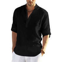 Hemrin Mens Cotton Blend Full Sleeve Short Kurta Shirt With Mandarin Collar Black