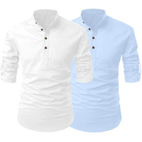 Finivo Fashion Combo Of Mens Cotton Blend Solid Full Sleeve Short Kurta Sky - White