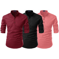 Zombom Mens Combo Cotton Blend Solid Mandarin/Chinese Collor Full Sleeve Kurta Shirt (Pack Of 3)