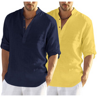 Zombom Mens Cotton Polyester Blend Solid Full Sleeve Regularf Fit Kurta Shirt, Yellow And Navy Blue, M, Combo Set Of 2