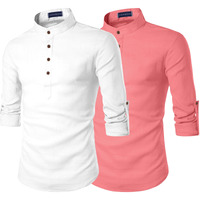 Zombom Mens Combo Cotton Blend Solid Full Sleeve Straight Regular Fit Mandarin/Chinese Collor Kurta (Pack Of 2) White-Peach