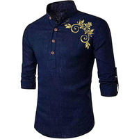 Deemoon Mens Full Sleeve Short Kurta Shirt With A Trendy Mandarin Collar Crafted From A Premium Cotton Blend For Comfort Ideal For Casual And Semi-Formal Occasions Navy Blue