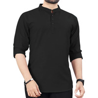 Deemoon Mens Cotton Blend Kurta With Solid Regular Fit Mandarin Collared Neck Full Sleeve And Waist Length | Kurtas For Men | Black_S
