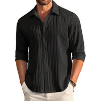 Deelmo Mens Casual Button Down Shirts Long Sleeve Linen Shirt Fashion Textured Beach Summer Shirt Black