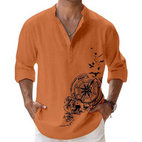 Deemoon Mens Cotton Blend Mandarin Collar Self One Design Full Sleeve Casual Short Kurta Orange