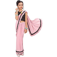 Dhyey Fashion Girls Lycra Blend Ruffle Pattern Saree With Velvet Unstitched Blouse Piece
