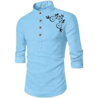 Deelmo Full Sleeve Short Kurta Shirt With A Trendy Mandarin Collar Crafted From A Premium Cotton Blend For Comfort Ideal For Mens (Medium, Blue)