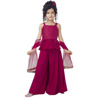 Angel F Studio Girls Embroidered Rayon Crepe Blend Suit With Sharara Pants And Dupatta Suit Set (6-7 Years, Rani)