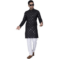Xepon Mens Cotton Traditional Chikankari Mirror Work Embroidered Casual Knee Length Long Sleeve Mandarin Neck Straight Kurta For Festive Ethnic Wear (Black, X-Large)