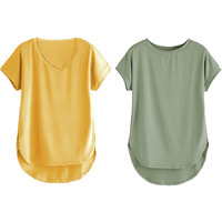 Fabricorn Combo Of Plain Mustard Yellow V-Neck And Sage Green Round Neck Up And Down Cotton Tshirt For Women (Mustard Yellow And Sage Green, Medium)