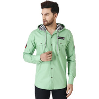 Besix Mens Green Tailored Fit Cotton Blend Shirt For Man With Hoodie - Casual Long Sleeve Shirt With Pockets - Patch Detail For Stylish Look, Classic, Stylish, Comfortable, Summer Shirt