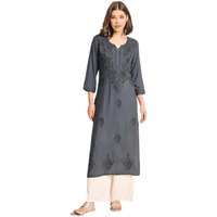 Vairagee Womens Rayon Straight Cut Round Neck Kurta With Beautiful Lucknowi Chickenkari Work (1593) Grey
