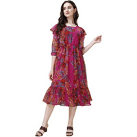 Trillmixa Womens Floral Georgette Fit And Flare Round-Neck Midi Dress For Girls Pink