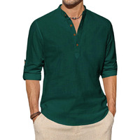 Zombom Mens Cotton Blend Solid Full Sleeve Short Kurta Shirt With Mandarin Collar Green