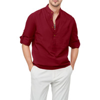 Zombom Mens Cotton Blend Mandarin Collar Self One Design Full Sleeve Casual Short Kurta Maroon