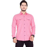 Rebelify Mens Cotton Shirt With Pockets Full Sleeves Spread Collar Solid Pattern Botton Down Closure Regular Fit And Standard Length Pink