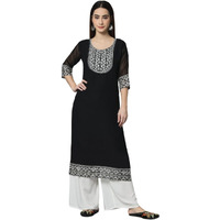 Vairagee Womens Georgette Straight Cut Round Neck Kurta With Beautiful Lucknowi Embroidery Thread Work (1541) Black