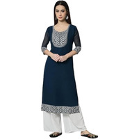 Vairagee Womens Georgette Floral Thread Embroidered Kurta With Round Neck 3/4 Sleeves Straight Cut Length | 1541_3-Xs Teal