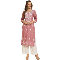 Ekasya Womens Soft Cotton Slub Straight Cut Round Neck Kurta With Beautiful Floral Embroidery Work (E1572) For Sophisticated Look. A Must-Have For Your Wardrobe, A Luxurious Wardrobe Essential.