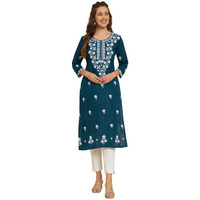Ekasya Womens Soft Cotton Slub Straight Cut Round Neck Kurta With Beautiful Floral Embroidery Work (E1572) Royal Blue