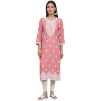 Ekasya Womens Rayon Lucknowi Chichankari Work Kurta With Round Neck 3/4 Sleeve Calf Length | Kurti For Women Latest | E1586_4-Xs
