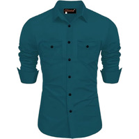 Rebelify Mens Cotton Blend Shirt With Pockets Full Sleeves Collared Neck Solid Pattern Botton Down Closure Relaxed Fit And Standard Length