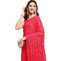 Ekasya Women Georgette Pink Checkered Pattern Embroidery Work Saree With Unstitched Blouse (E6018_6)