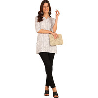 Aayla Womens Poly Rayon Striped Print Shorti Kurti With Notch Neck 3/4 Sleeves Straight Hem Mid Thigh Length | Readymade Short Kurti | White-S