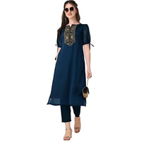 Goroly Womens Silk Blended Solid Embroidered Pattern Straight Cut Kurta Pant With Puff Sleeve V-Neck Ankle Length And A-Line Style