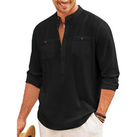 Macsivo Cotton Blend Solid Casual Short Kurta For Men Long Sleeve Mandarin Collar Stylish Shirt Kurta For Men Black