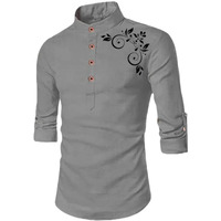 Deelmo Full Sleeve Short Kurta Shirt With A Trendy Mandarin Collar Crafted From A Premium Cotton Blend For Comfort Ideal For Mens (Large, Grey)