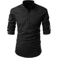 Zombom Mens Cotton Blend Solid Casual Regular Fit Mandarin/Chinese Collor Full Sleeve Kurta For Men Black