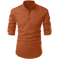 Zombom Mens Solid Cotton Blend Casual Regular Fit Mandarin/Chinese Collor Full Sleeve Kurta Shirt For Men Brown