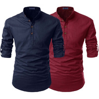 Zombom Combo Of Mens Solid Cotton Blend Full Sleeve Regular Fit Mandarin/Chinese Collor Kurta Shirt (Pack Of 2)