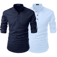 Zombom Combo Of Mens Solid Cotton Blend Full Sleeve Regular Fit Mandarin/Chinese Collor Kurta Shirt (Pack Of 2)