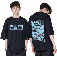 Cotton Four Anime Story Back Printed 3/4 Sleeve Black Oversized T Shirt For Men