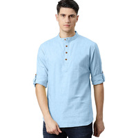 Zombom Mens Cotton Blend Solid Casual Regular Fit Mandarin Collor Short Kurta For Men Sky Blue