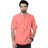 Zombom Mens Kurta Shirt || Chinese Collar Long Sleeves || Straight Hip Length Kurtas || Short Kurta For Men || For Festival || Function || Occasion Wear Fancy Kurta Peach