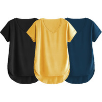 Fabricorn Combo Of Three Plain Black, Mustard Yellow And Airforce Blue V-Neck Up And Down Cotton Tshirt For Women (Black, Mustard Yellow, Airforce Blue, Xx-Large)