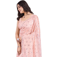 Ekasya Women Soft Twill Net Peach Geometric Pattern Embroidery Work Saree With Unstitched Blouse (E6270_5) Elegant Saree With Geometric Embroidery, Perfect For Wedding, Parties, And Special Events.