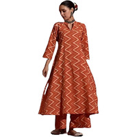 Modestouze Attires Womens Geometric Printed Calf Length Flared V Neck Rayon Kurta And Pant Set (Red)