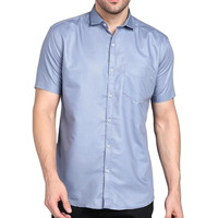 Mildin Mens Regular Cotton Blend Grey Slim Fit Solid Button Down Spread Collar Half Sleeve Curved Hemline Formal Shirt With One Pocket (Bluish Grey Plain Half 2 - M)